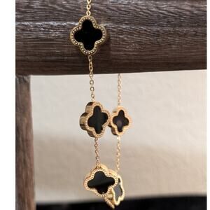 18Kt Gold Plated Black Enamel Quatrefoil Chain Link Gold Tone Bracelet